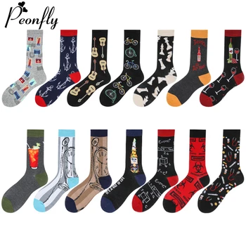 

PEONFLY 1 Pair Men Socks Cotton Funny Crew Socks Cartoon Bicycle Juice Guitar Printed Socks Novelty Gift Socks For Autumn Winter