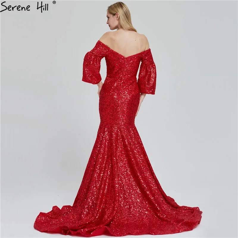 Красные сексуальные вечерние платья с v-образным вырезом, расшитые блестками,, Дубай, дизайн, Русалка, с открытыми плечами, Роскошные вечерние платья LA60993