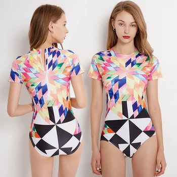 

Female Europe America one-piece swimsuit Diving Surf Long Sleeve Thin Swimsuit Women's Colored geometric pattern one-piece swims
