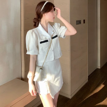 

2020 Summer Sweet Tweed Two Piece Set Women short sleeve Crop Tops +High Waist Shorts Suit Female Elegant 2 piece set