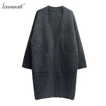 

2020 Autumn Winter Sweater Cardigan Women Korean V neck Open Stitch Loose Mid-length Knitted Thick Sweater Female Jacket Coat