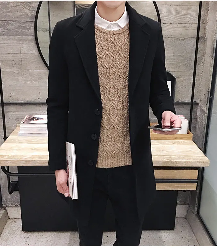 New Winter Woolen Coat Men Leisure Long Sections Woolen Coats Mens Pure Color Casual Fashion Jackets / Casual Men Overcoat