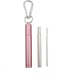 Eco - Friendly Portable Telescopic Stainless Steel Straw Set with Cleaning Brush and Case (Rose Gold Set)