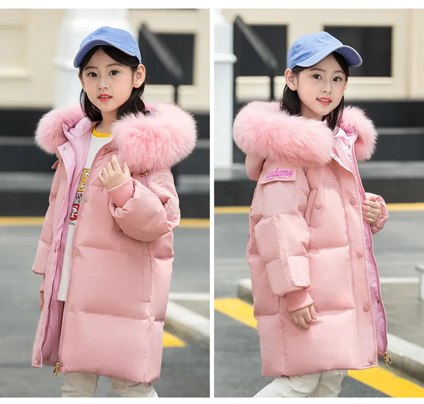 Зимние куртки на утином пуху для девочек, детская утепленная теплая верхняя одежда, пальто-25 градусов, большой меховой пуховик с капюшоном - Цвет: Pink