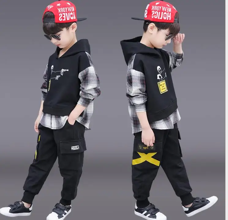 

Spring and Autumn Children's Suit Big Boy Autumn New Fashion Hooded Plaid Jacket + Pants Two-piece Cartoon Print Hooded Set