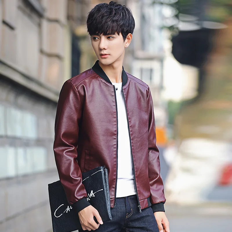 

Spring And Autumn New Style Men Solid Color Baseball Collar Leather Coat Youth Origional Hong Wave Jacket Men's