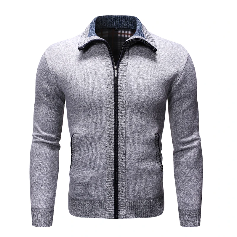 2019 winter mens Wool thick section plus velvet sweater Striped zipper cardigan lapel Korean version Hand-painted Blue Gray