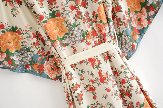 Vintage chic Women  Multi  Floral Print Sashes  bohemian Kimono Ladies V Neck batwing Sleeves  Boho Maxi dress robe 5