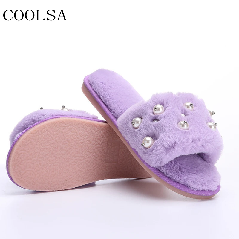 

COOLSA Women's Winter House Cotton Slippers Indoor Warm Plush Slippers Women's Fur Slides Pearl Furry Flip Flops Home Fur Shoes