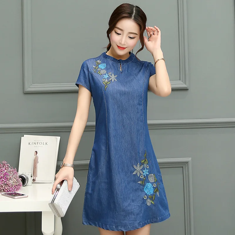 

1430 Summer New Style WOMEN'S Denim Dress Mid-length Slim Fit Explicit A- line Skirt Short Sleeve Embroidered Skirt Crew Neck
