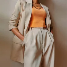 Terno casual feminino jaqueta solta, jaqueta slim com um botão, médio, com bolso, gola entalhada