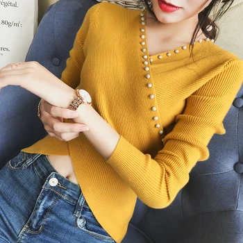 

Fashion Beading Women Sweater Cross V-Neck Mujer Invierno 2020 Fall Woman Clothes Sweters Korean Pullover Pull Femme New DD47