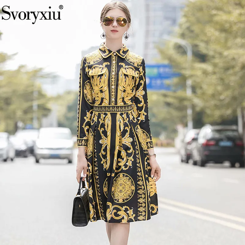 

Svoryxiu Runway Designer Autumn Winter Vintage Dress Women's Fashion Long Sleeve Gold Pattern Printed Midi Dresses Vestdios