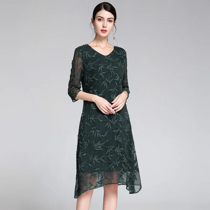 

green chiffon leaves floral silk qipao dresses women 2020 summer long casual office work beach party dress plus size dropship