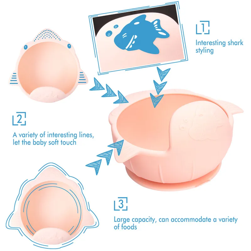 Qshare Baby Bowl Set Cartoon Shark Suction Silicone Plate Tableware Feeding Utensils With Spoon and Fork prato Kids Dishes