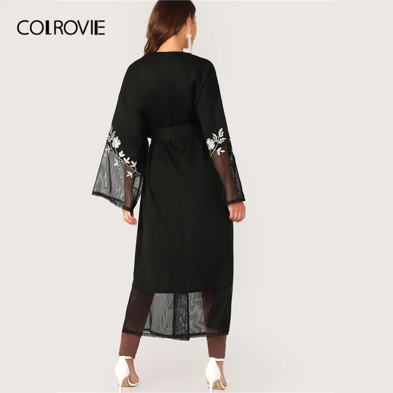 COLROVIE/черное открытое переднее Сетчатое цветочное кимоно с вышивкой, женские повседневные удлиненные Топы, осенняя женская верхняя одежда с поясом