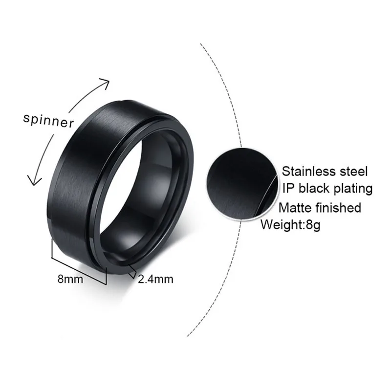 8 мм крутое кольцо-Спиннер в стиле панк для мужчин, аксессуар для снятия стресса, Классические обручальные кольца из нержавеющей стали, Прямая - Цвет основного камня: Black