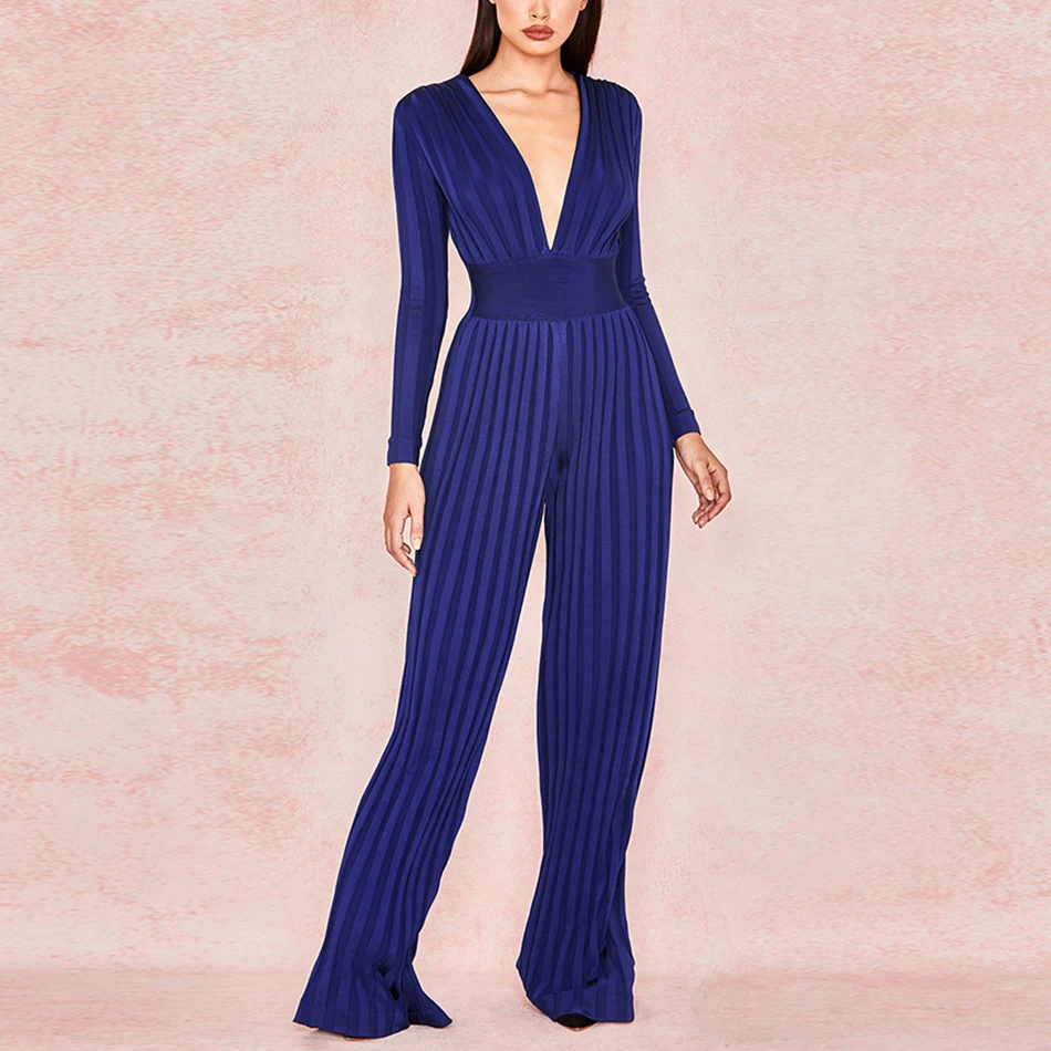 High-quality-women-s-2019-new-long-sleeved-blue-and-V-neck-Bodycon-jumpsuit-full-length