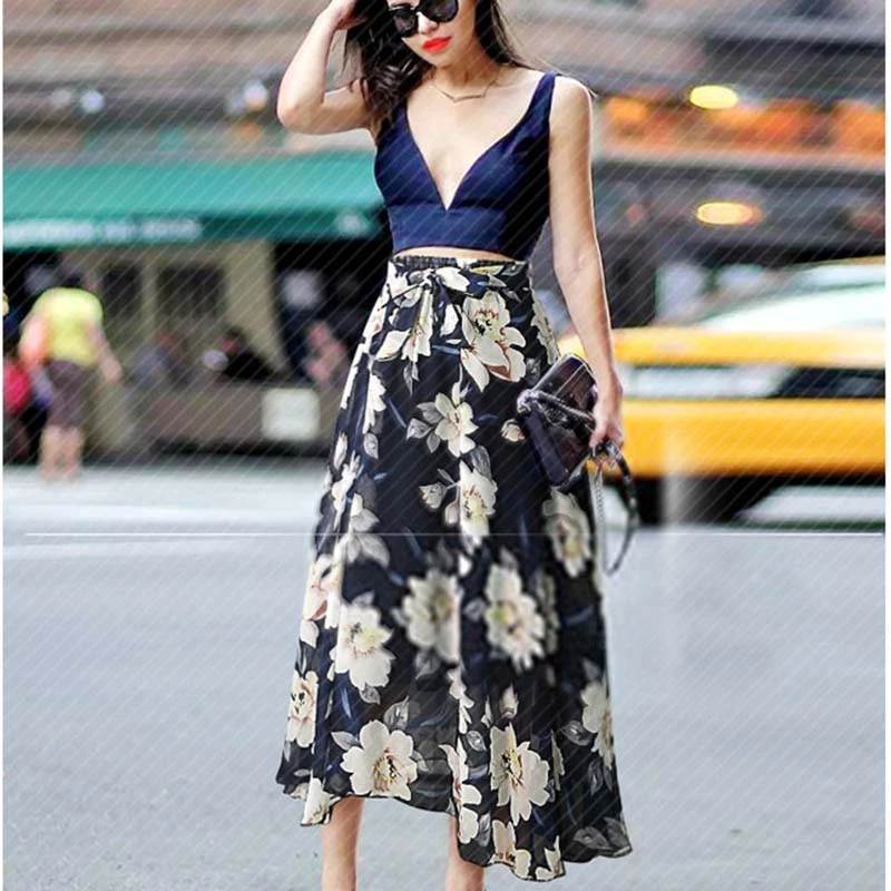 

Summer Women Floral Skirts Chiffon Lace Up Print Mid-length Skirt Casual Loose Sweet Elastic Waist Plus Size Skirt Female