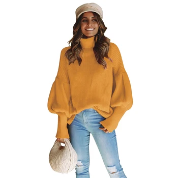 

Autumn Women Knitted Turtleneck Lantern Sleeve Solid Office Casual Loose Female Winter Pullover Sweater 3039
