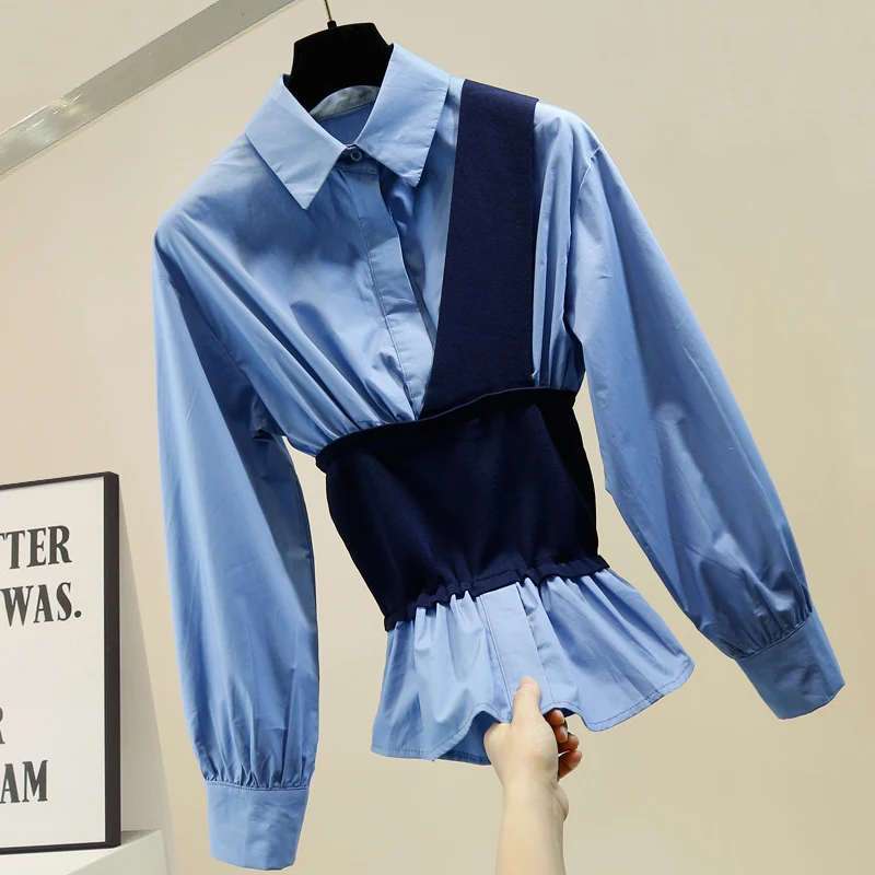 

Woman Blouses New Contrasting Color Stitching Slim Waist Shirt Women's All-match Long Sleeve Lapel Shirts Blouse Lady Slim Blusa