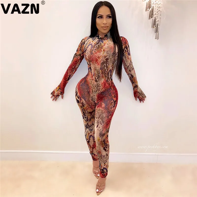 VAZN красочные дизайн мода с открытыми плечами печати бандажный женский комбинезон с длинным рукавом Длинные брюки комбинезоны сексуальные Клубные Комбинезоны - Цвет: Многоцветный