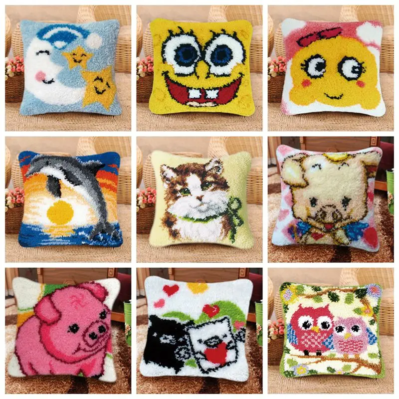 

Crocheting Latch Hook Cartoon Embroidery Cushion Cover Pillow Case DIY Cat Craft Cross Stitch Needlework Sofa Accessories Gift