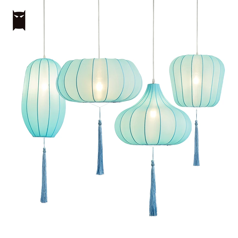 Blue Fabric Shade Lantern Pendant Light 