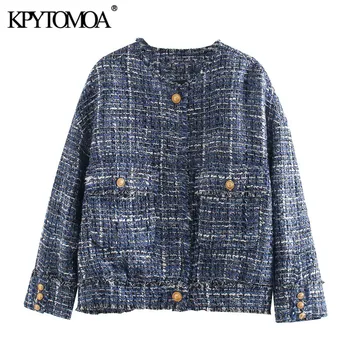 

KPYTOMOA Women 2020 Fashion Frayed Trims Pockets Tweed Jacket Coat Vintage O Neck Long Sleeve Loose Female Outerwear Chic Tops