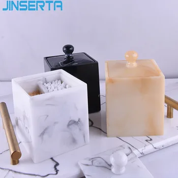 

JINSERTA 2-Grids Marbled Resin Storage Box Luxury Cotton Swab Toothpick Holder Cotton Pad Box with Lid Home Hotel Bathroom Decor