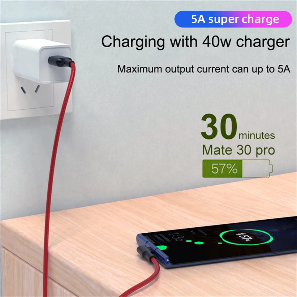 Кабель Usb C 5A для быстрой зарядки зарядное устройство Kable Huawei P40 5G P30 Lite Mate 30 Pro Honor 20