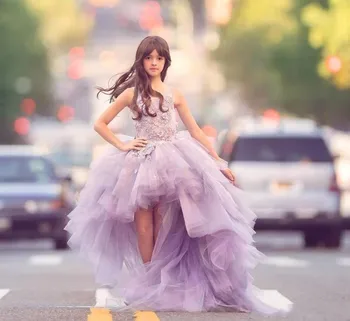 

Lavender High Low Girls Pageant Gowns Lace Applique Flower Girl Dresses For Wedding Purple Tulle Puffy Kids Communion Dress
