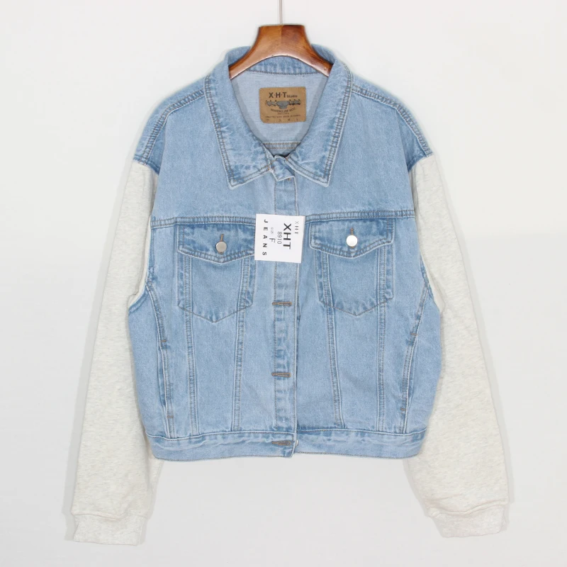 

Spring Oversize Women's Vintage Splice Fake two Short Denim jacket Streetwear Kurtka jeansowa damska Washed Casual Jeans jacket