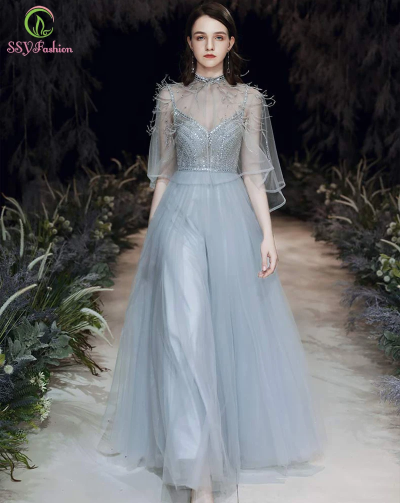 SSYFashion Новое высококлассное вечернее платье роскошный Банкетный серый v-образный вырез Кристалл Украшенные бисером Длинные вечерние платья с шалью Vestido De Noche
