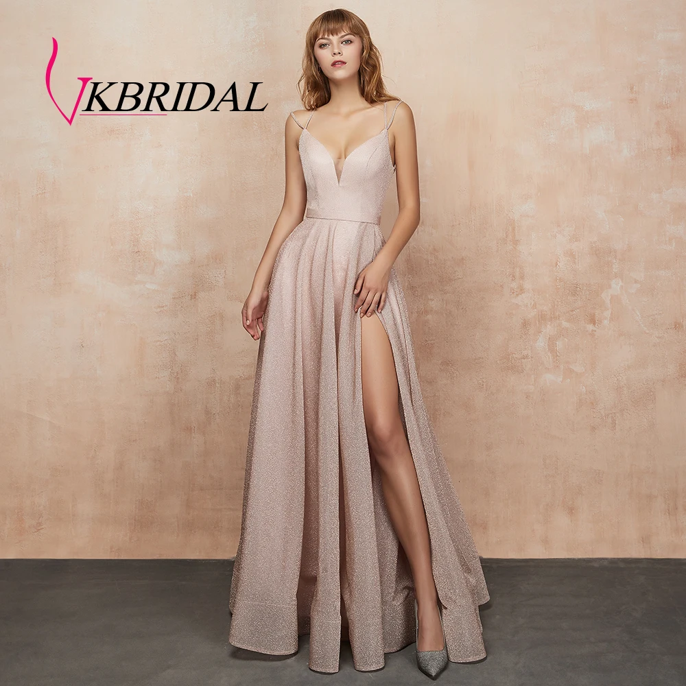 

VKbridal Homecoming Dresses with Pocket V neck Sparkle A-Line Prom Party Gowns Long for Girls Plus High Slit Evening Dress 2019