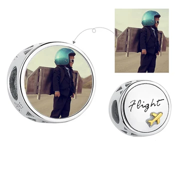 

925 Sterling Silver Fly to Future Yellow Enamel Plane Round Charm Beads fit Charm Bracelet Custom Photo Personalized Jewelry
