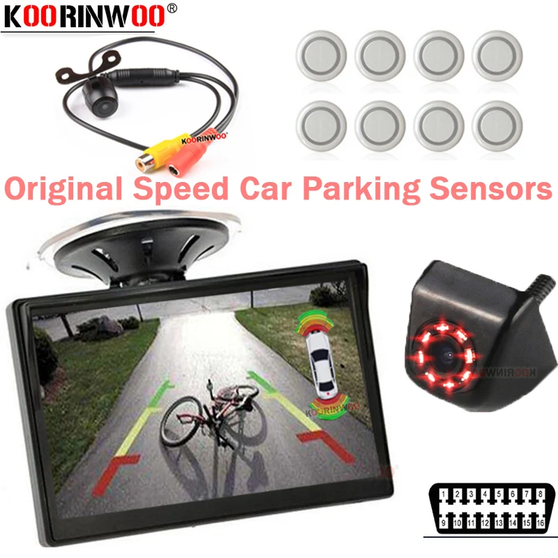 

Koorinwoo LCD Monitor With 8 Parking Sensors Camera Front Radars Black/Silver/White 18.5mm Reversing Backup Step up Car Detector