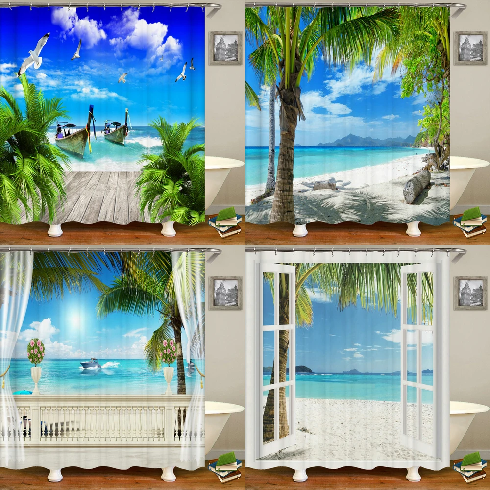 

3D Beach landscape Shower Curtains Sea Ocean Sunny Palm Trees Printed Bathroom Curtain Waterproof Fabric with Hooks Decoration