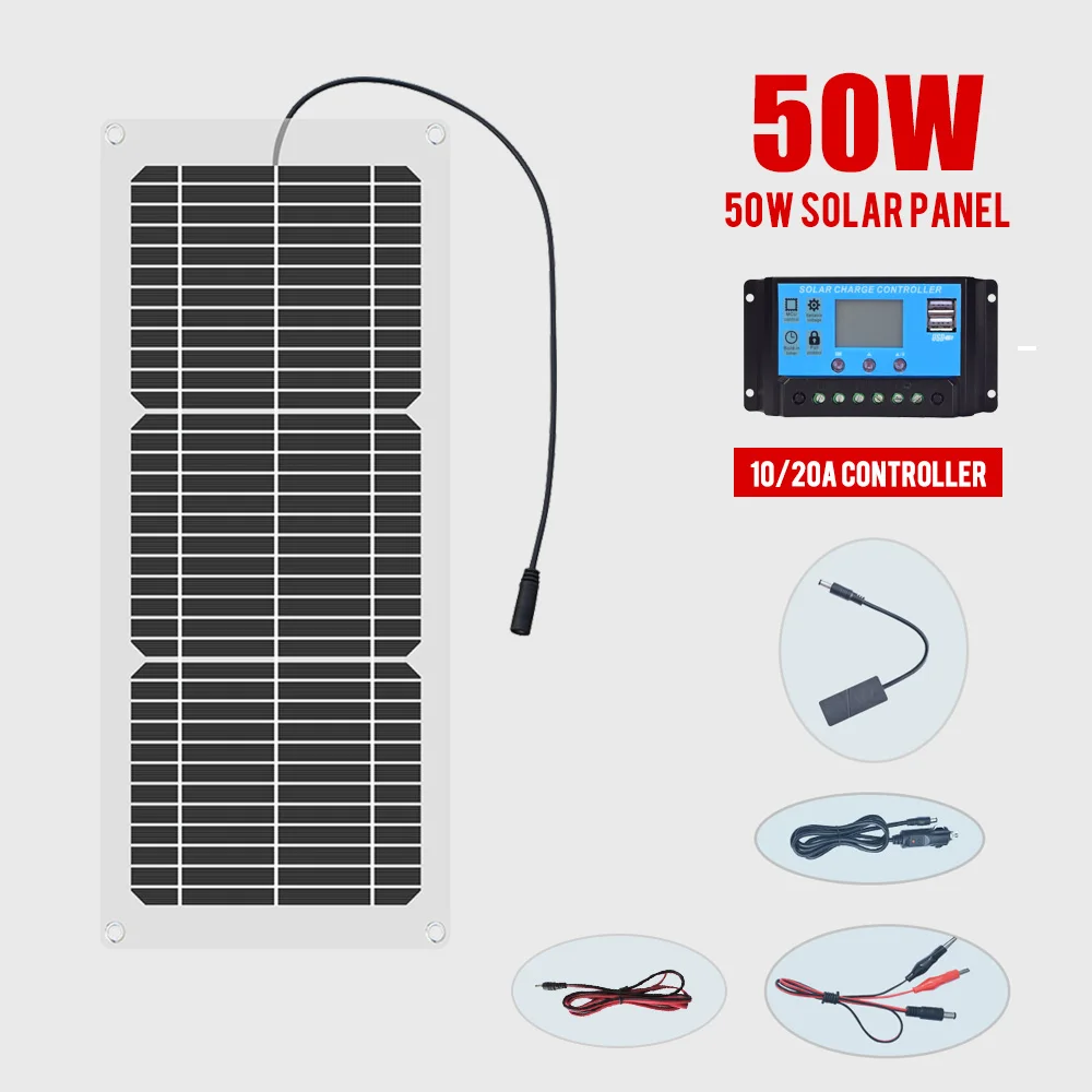 Flexible Solar Panel kit 12V 100W 50W /h/ day With 10A 12V 24V Controller Car Charger For RV Car Boat LCD Display PWM Controller