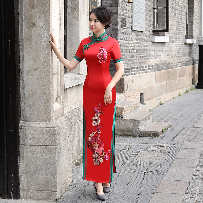 Восточное женское платье-Чонсам с коротким рукавом Qipao элегантный в китайском стиле Длинные вечерние платья роскошное облегающее платье Vestido s-xxxl