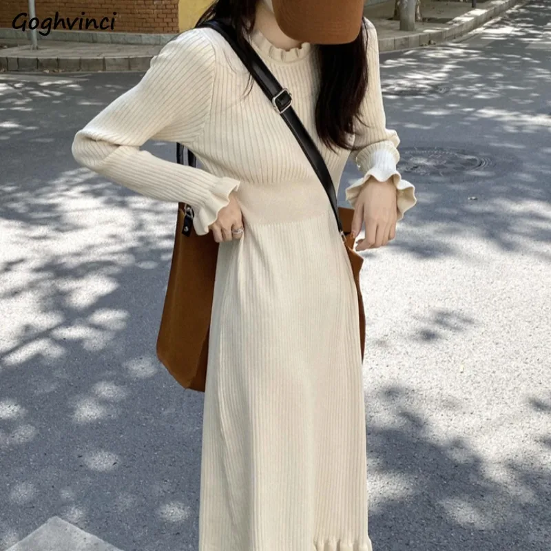 Long Flare Sleeve Dress Women Tender Knitting Tunic Vestido Spring Mid-calf Soft All-match Elegant Retro Inside New Warm Ins Hot | Женская