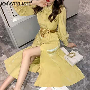 

Female Yellow Beaded Full Dress Autumn New 2019 Korean Women's Lantern Sleeve Single-Breasted Split Long Dress with Velvet Belt