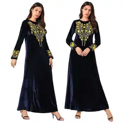 Винтажная Абая, для мусульман, женское Вышитое Платье макси с длинным рукавом халаты с цветочным принтом Jilbab платье, мусульманская одежда с