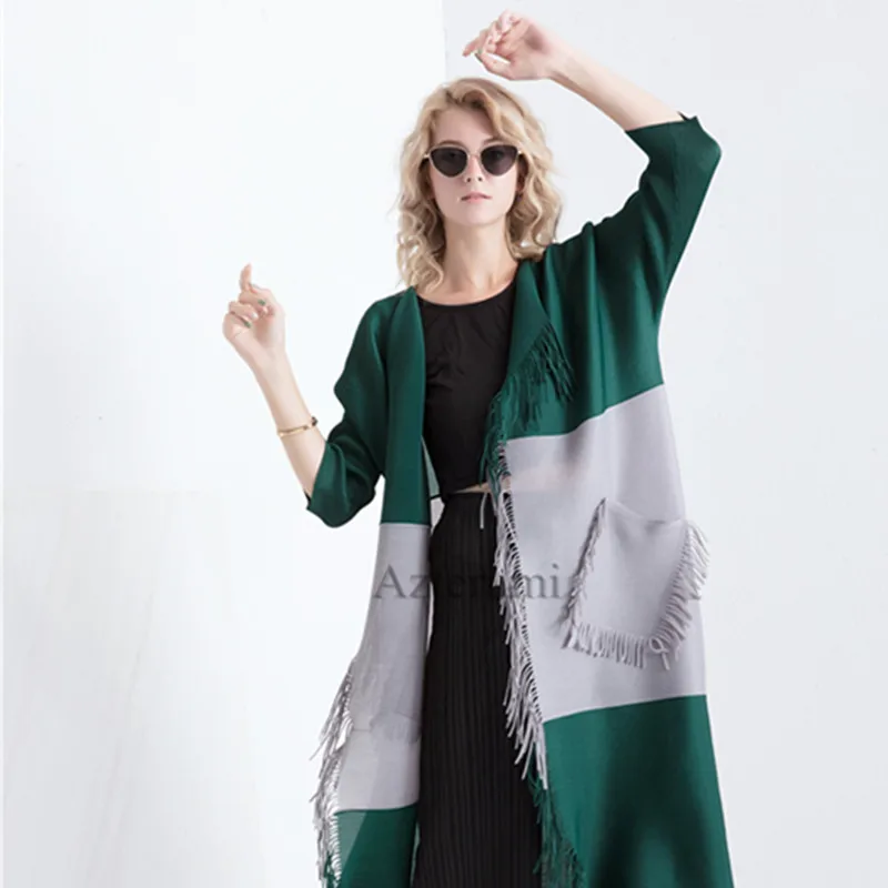 New Fashion Contract Color Pleats Trench Coat Tassel Pocket Cardigans Long Windbreaker Ladies Outerwear Spring Autumn