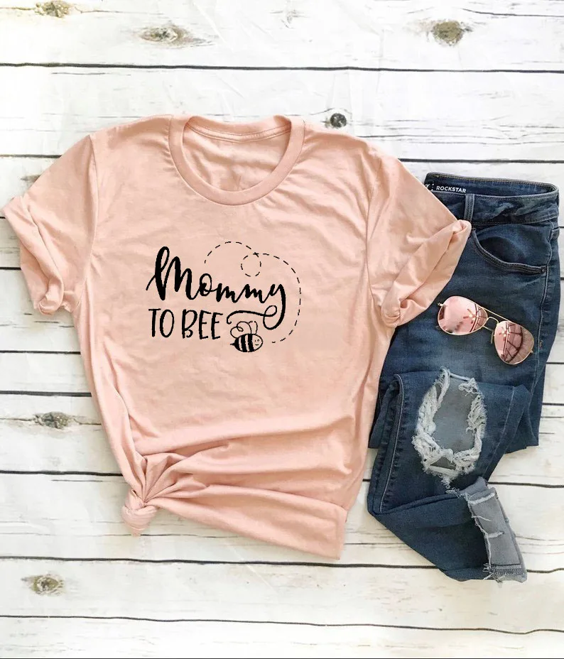peach-black text Mommy To Bee/графическая Женская одежда с коротким рукавом, топы летняя рубашка, хлопковая стильная забавная Повседневная Новинка, подарок для мамы MOM To be - Цвет: peach-black text