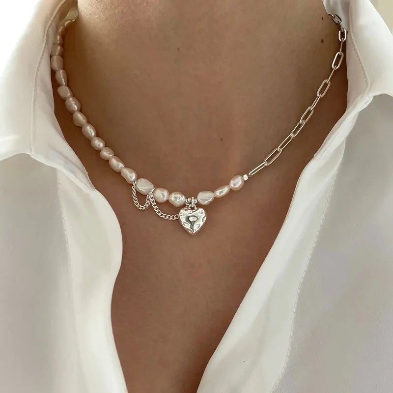 Stamp Necklace for Women Asymmetry Chain Pearls LOVE Heart Stamp Necklace