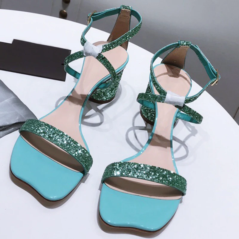 

Topwomen Ankle Strap Chunky Heel Sandals for Women Round Heel Sandals 2019 Fashion Ladies Bling Sandals35-40