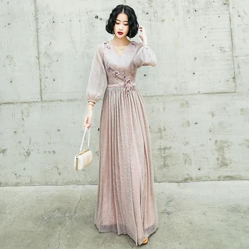 

AE514 Long Evening Gown Long Sleeve Sequin Flowers Dubai Kaftan Saudi Arabic Elegant Formal Dress Muslim Evening Dress