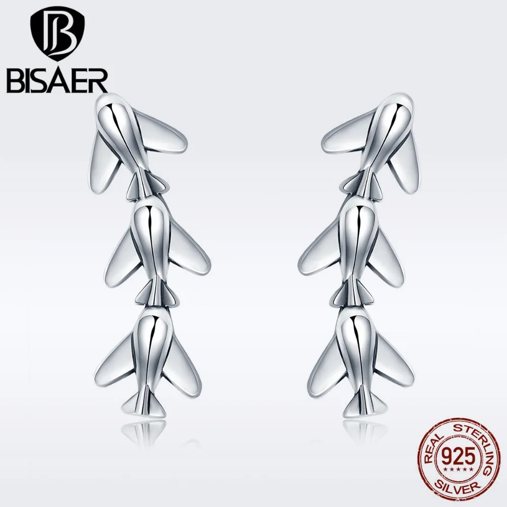BISAER Аутентичные 925 пробы Bijoux стекируемые путешествие Самолет Серьги гвоздики для женщин Стерлинговое серебро ювелирные изделия S925 GXE325