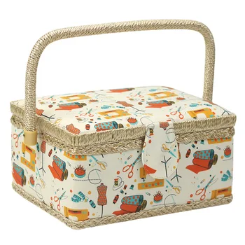 

Container Rectangle Gift Sewing Box Floral Print Fabric Craft Home Basket With Handle Vintage Removable Tray Sewing Accessories